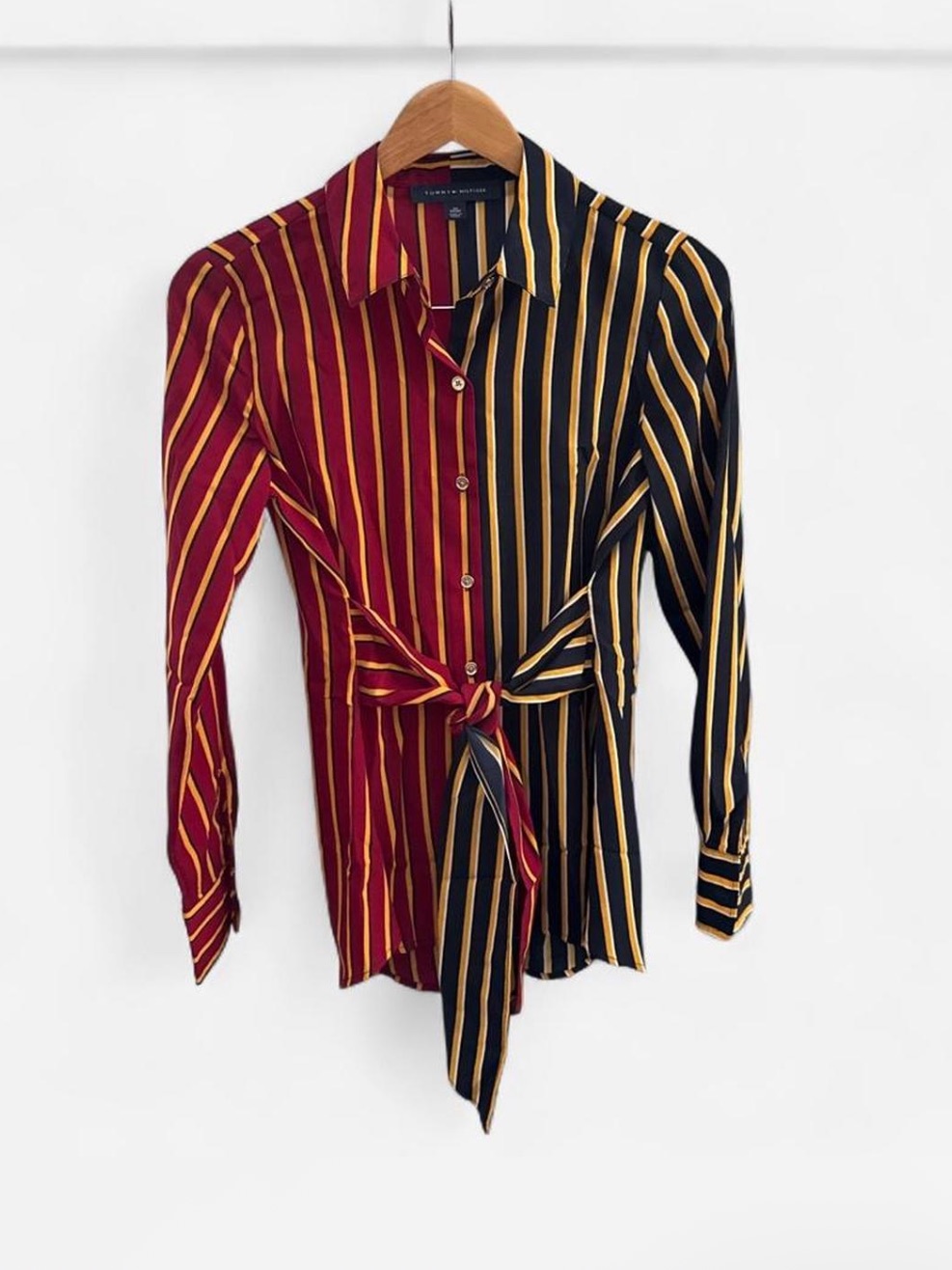 Tommy Hilfiger Collared Shirt Xs Two-Tone Striped Tie-Front Button Down Corpcore